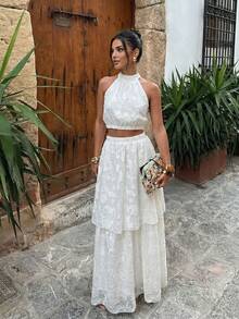 女士休闲优雅白色露肩吊带背心+双层刺绣飘逸长款中长裙，两件套波西米亚度假风套装，夏季套装，适合情人节/休闲度假/通勤穿着 - 白色 - 查看 3