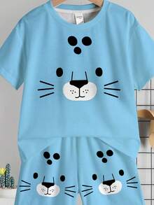 SHEIN Conjunto de camiseta casual minimalista para niño pequeño, adecuado para el verano, con estampado clásico y lindo de tigre - Multicolor - Ver 4