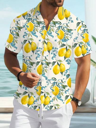 Manfinity RSRT Herren Sommer Zitronen Muster Kurzarmhemd, Zitronen Hemd, Herren Urlaubs Hemd, Herren Lässig Hemd, Strand Urlaubs Stil, ideal für Urlaub und Pendeln, erfrischende Atmosphäre, vielseitig und elegant