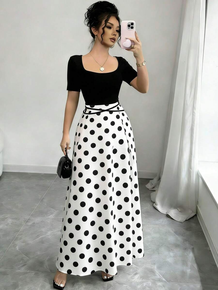 Rafferiza Petite 女款夏季優雅黑白波點方領短袖拼接連身裙,茶會晚宴休閒通勤辦公婚禮賓客禮服,適合嬌小女性 - 彩色 - 查看 1
