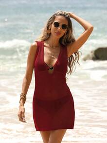 SHEIN LUNE Abito da vacanza in maglia con decorazione tinta unita, da donna - Rosso - Visualizzare 3