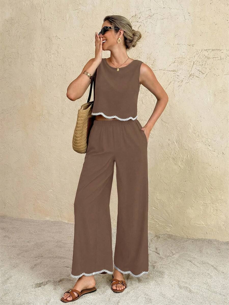 SHEIN Frenchy Bộ đồ nữ đi nghỉ mát thường ngày, gồm áo hai dây và quần dài phối màu tương phản. - Màu Khaki - Xem 1