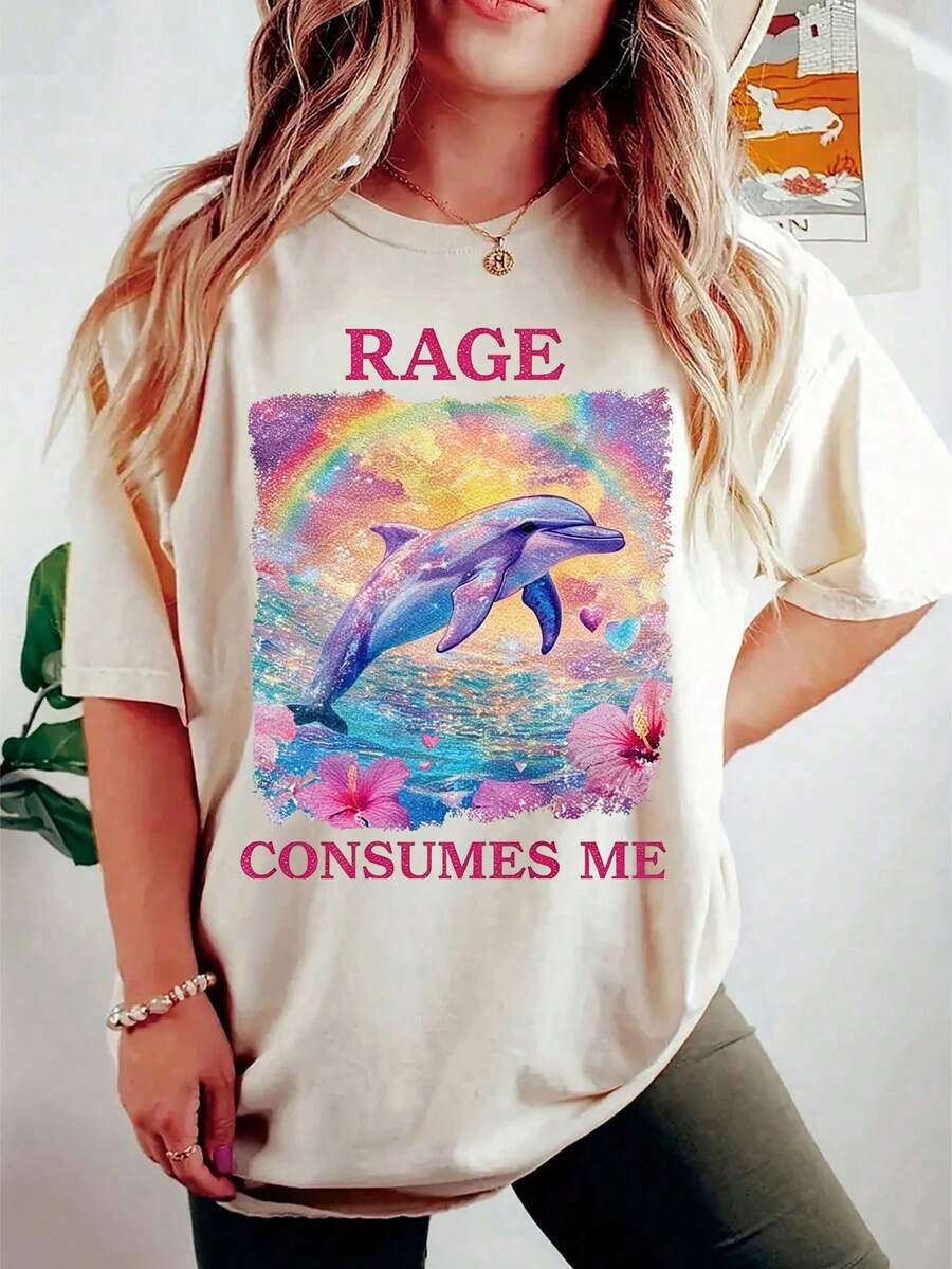 SHEIN CURVE+ 超大码女装 Rage 夏季系列 T 恤,俏皮海豚表情 T 恤,节日夏季 T 恤,时尚 T 恤。 - 卡其色 - 查看 1