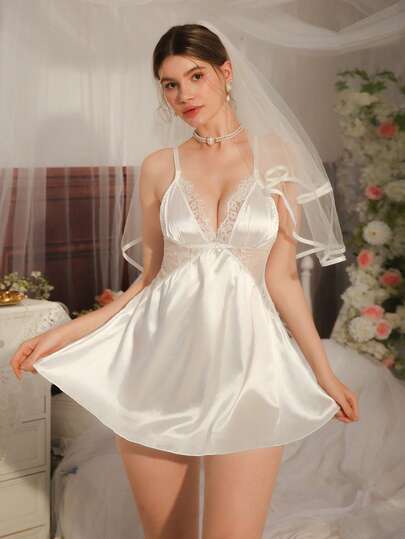 Dam Vit Spets Patchwork Sidentyg Sexig Bekväm Midja Smal Camisole Nattlinne