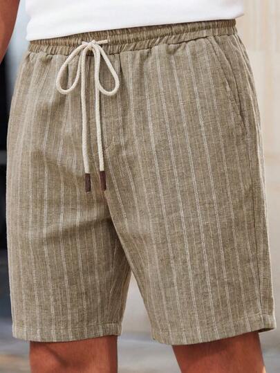 HIMLAND Men's Woven Striped Short Waist Slim Fit Casual Straight Leg Shorts, Suitable For Daily Wear In Summer