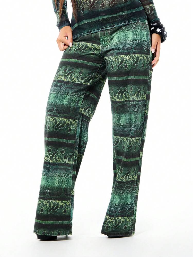 SUMWON WOMEN Women Snake Print High Waisted Wide Leg Palazzo Pants Green Animal Pattern Flare Trousers Fall Winter Fashion
