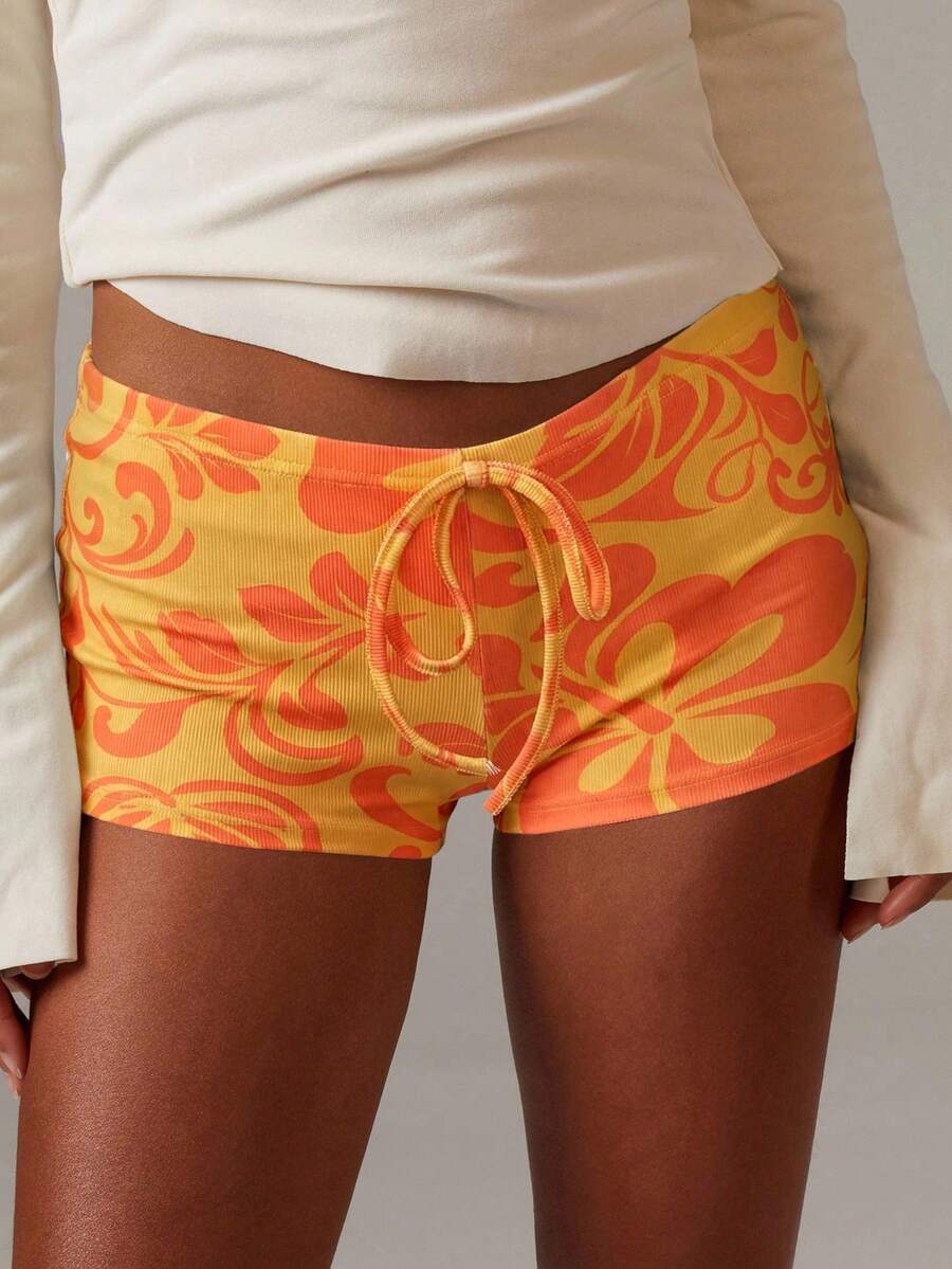 Athîral Women's Casual Vacation Knit Elastic Printed Shorts - Yellow - View 1