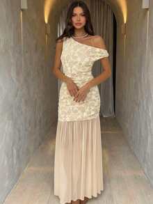 Aloruh Women's Elegant Lace Patchwork Asymmetric Collar Dress, Summer Champagne Evening Gown Boho Wedding Guest Dress Elegant One Shoulder Dress Champagne Formal Dress - Apricot - View 2