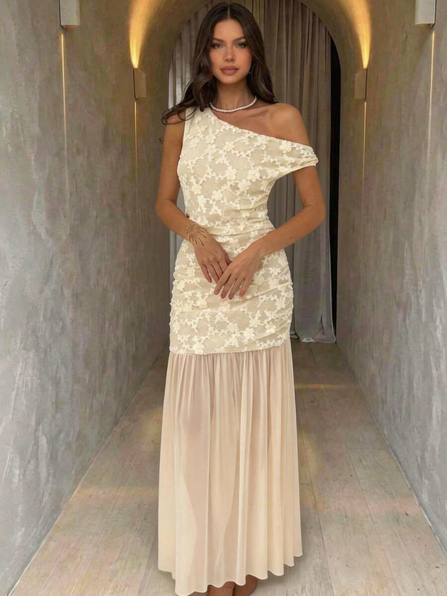 Aloruh Women's Elegant Lace Patchwork Asymmetric Collar Dress, Summer Champagne Evening Gown Boho Wedding Guest Dress Elegant One Shoulder Dress Champagne Formal Dress