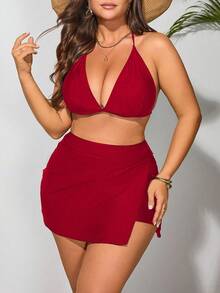 Swim Basics Plus Size Women Solid Color Side Slit Swimwear Bottom - Red - View 1