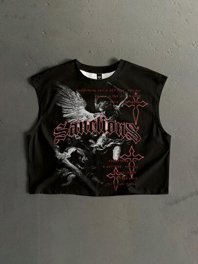 Manfinity ZONE917 Boxy Short Street Fashion Dark Angel Battle Cross Red Slogan Print Loose Camisole Tank Top, Suitable For Summer, Gift For Friends