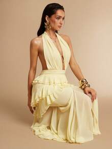Silquee Vestido de mujer amarillo pálido con escote en V profundo, espalda descubierta y volantes multicapa, elegante para verano, vacaciones, playa, boda, fiesta, lujoso vestido de noche y de dama de honor - amarillo ganso - Ver 7