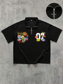 ROMWE MEN 男士四分之一拉链印花宽松Polo衫短袖T恤 - 黑色 - 查看 1