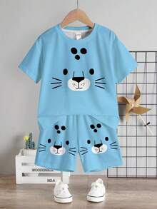 SHEIN Conjunto de camiseta casual minimalista para niño pequeño, adecuado para el verano, con estampado clásico y lindo de tigre - Multicolor - Ver 2