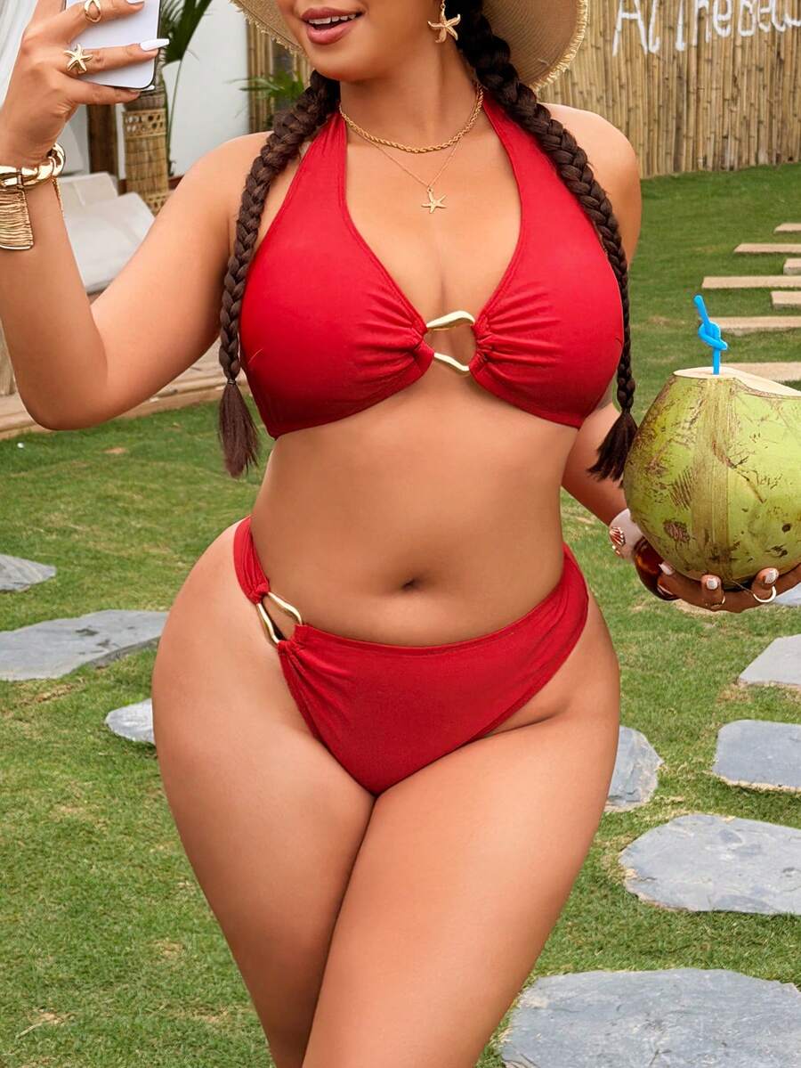 Swim SXY 2026新款红色性感吊带两件式比基尼套装，适合夏季度假、休闲、沙滩穿着 - 紅色 - 查看 1
