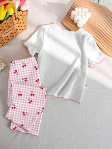 SHEIN Playful Pals 1 Set Baby Girls' Cherry Pattern Knit White Ruffle Collar Pullover T-Shirt And Plaid Pants Pajamas, 4 Seasons - White - View 2