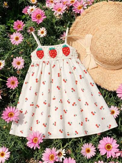 SHEIN Young Girl Woven Solid Color Cherry Pattern Casual Camisole Dress Summer Outfits Summer Outfits Summer Dresses Prom Dresses Beach Dress Sundress Kids Summer White Cherry Print Midi Dress With Crochet Strawberry Details Cherry Dress Kids Strawberry Dress Kids Sundress For Kids Kids Sun Dresses Kids Dress
