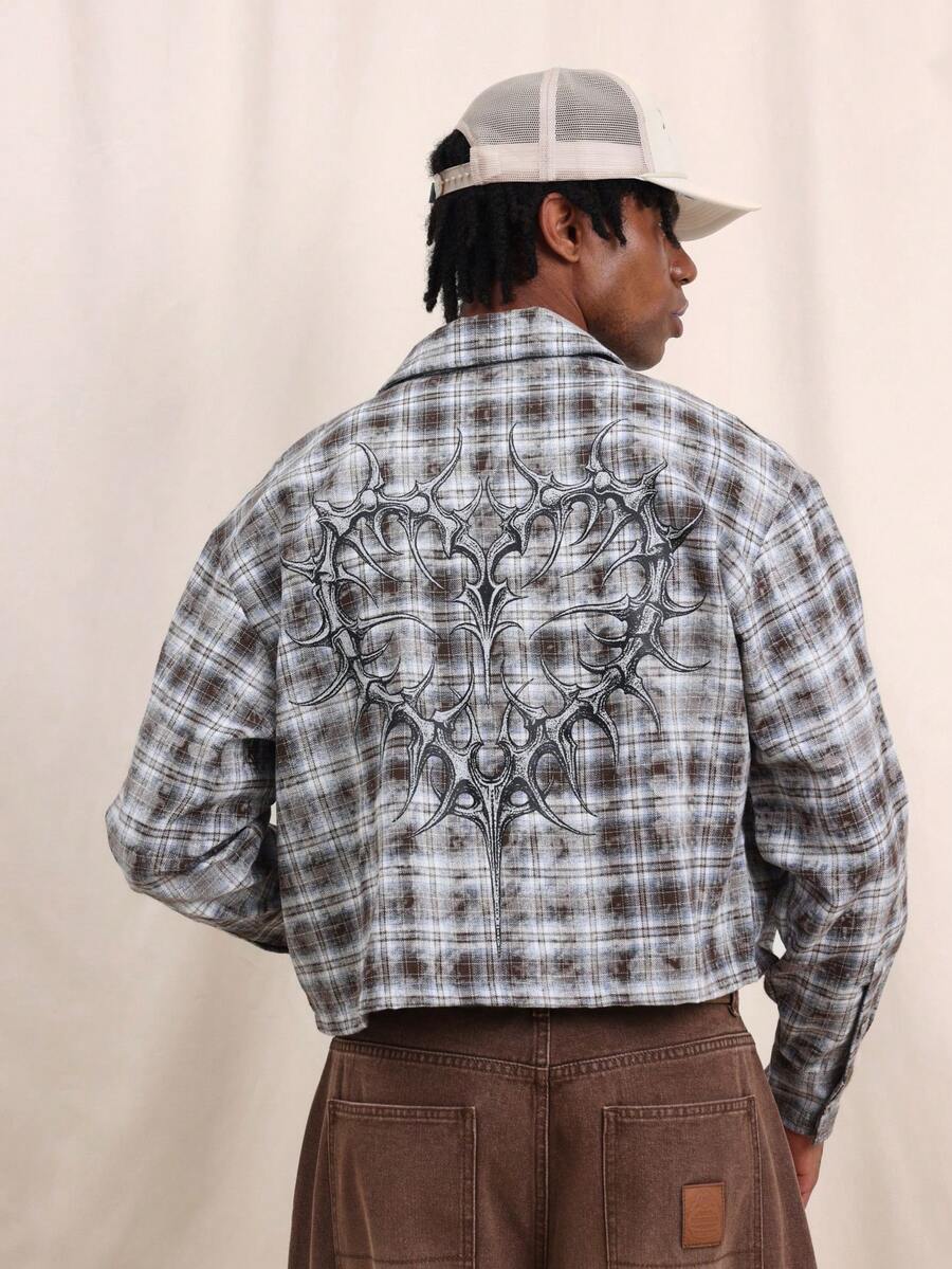 SUMWON Men's Crop Fit Long Sleeve Plaid Button Down Shirt With Back Graphics Washed Western Style Casual Streetwear - Black - View 1