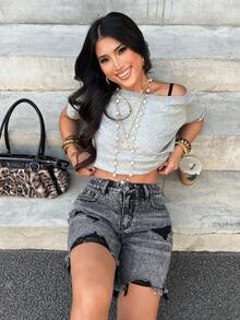 SHEIN PETITE Women's Casual Distressed Frayed Hem Denim Shorts - Black - View 1