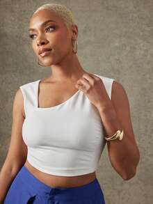 Vixey Áo dệt kim trơn, cổ áo bất đối xứng, tay ngắn - Màu be - Xem 3