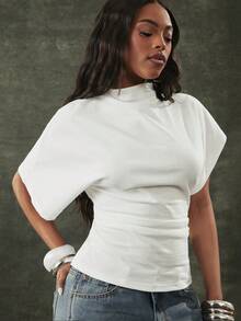 Denimoi High Neck Cinched Waist Top Fashionable Spring Summer Tops Brunch Outfit Everyday Wear - White - View 1