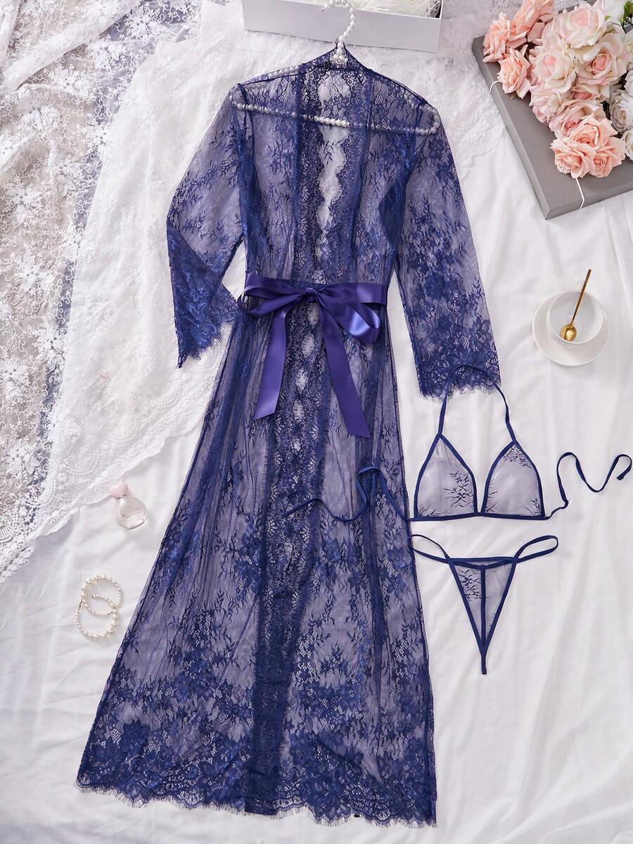 4pcs/Set Sexy Lace See-Through Lingerie Set For Summer For Going Out - Blue - View 1