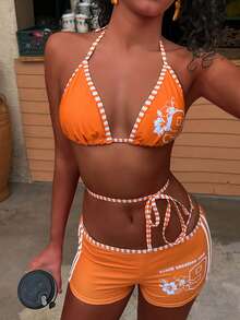 Swim Vcay 三件套女士泳装比基尼套装。夏日日落橙色印花，度假比基尼，平角泳裤，热带芙蓉印花，内置胸罩的露脐背心吊带泳衣，适合度假、海滩、花园等场合，性感优雅，适合泳池派对、度假、都市海滩等各种场合，波西米亚风情，2026春夏系列，女士沙滩装，女士泳衣。 - 橘色 - 查看 8