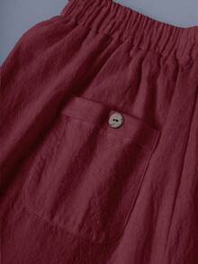 Linhara CURVE Plus Size Washed Cotton Cinched Waist Backpocket Button Decor Short Casual Top - Burgundy - View 5