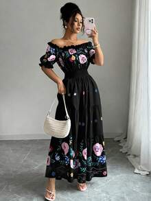 Modelyn 女士露肩花瓣袖印花腰部A字裙摆浪漫优雅休闲夏季连衣裙 - 黑色 - 查看 6
