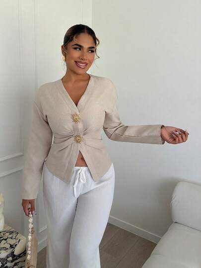 Maria Perezxox 女士优雅简约金属纽扣装饰长袖褶皱修身衬衫上衣，优雅高贵，时尚女式衬衫，白色衬衫，优雅女士衬衫，适合冬季、秋季穿着，女士休闲秋装