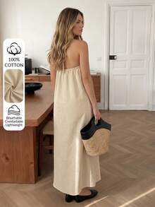 Easowa Vestido casual de verano sin espalda con cuello halter de unicolor para mujer - Albaricoque - Ver 4
