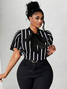 Maweii Plus Size Women's Elegant Romantic Heart Print Blouse With Bow Collar, Ruffle Trim And Contrast Color Design, New Spring/Summer - Black and White - View 1