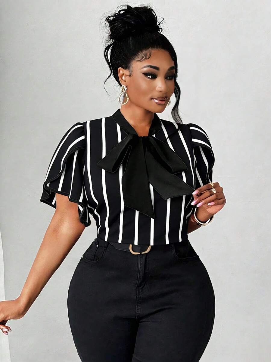 Maweii Plus Size Women's Elegant Romantic Heart Print Blouse With Bow Collar, Ruffle Trim And Contrast Color Design, New Spring/Summer - Black and White - View 1