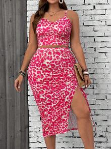 SHEIN VCAY Plus Size Leopard Print Camisole And Slit Skirt 2 Pieces Set - Hot Pink - View 1