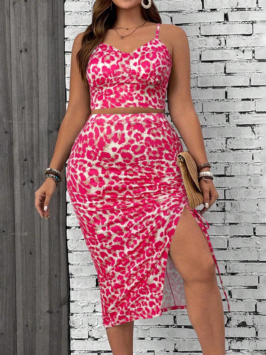 SHEIN VCAY Plus Size Leopard Print Camisole And Slit Skirt 2 Pieces Set - Hot Pink - View 1