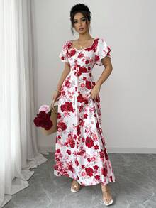 SHEIN Elenzya Đầm maxi tay ngắn xếp ly họa tiết hoa hồng nhỏ xinh cho nữ, kiểu dáng chữ A, thanh lịch, thoải mái, thích hợp cho kỳ nghỉ, đi làm, hẹn hò, phong cách Pháp cổ điển, đa năng, màu đỏ trắng nhiều màu, kiểu dáng mới. - Nhiều màu - Xem 6