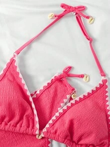 SHEIN 两件套条纹露背系带比基尼套装，性感泳衣，适合少女，夏季海滩度假；两件套纯色提花荷叶边系带比基尼套装，粉色，夏季 - 珊瑚粉 - 查看 8