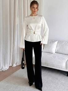 Siren Gaze Blusa elegante de manga de campana a rayas para mujer - Albaricoque - Ver 5