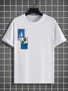 Manfinity RSRT 男士休闲椰树印花圆领短袖T恤，适合夏季海滩度假 - 白色 - 查看 2