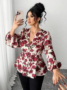 SHEIN Elenzya 大码女装春秋新款薄款玫瑰印花V领衬衫，休闲宽松版型，印花图案，适合情人节、派对、休闲外出和日常穿着等多种场合。 - 黑色 - 查看 6