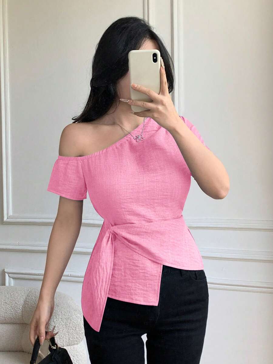 Celisse 优雅系结肩领设计休闲修身女式衬衫 - 粉色 - 查看 1