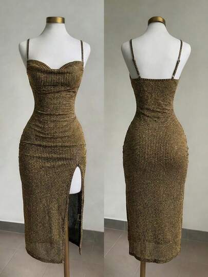 Franclia Women's Elegant Sexy Chic Gold Plaid Knit Camisole Bodycon Split Midi Dress, Tight Fitting Party Club Dress