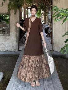 DAZY Women's Print Patchwork Tie-Up Elegant Dress - Coffee - View 3