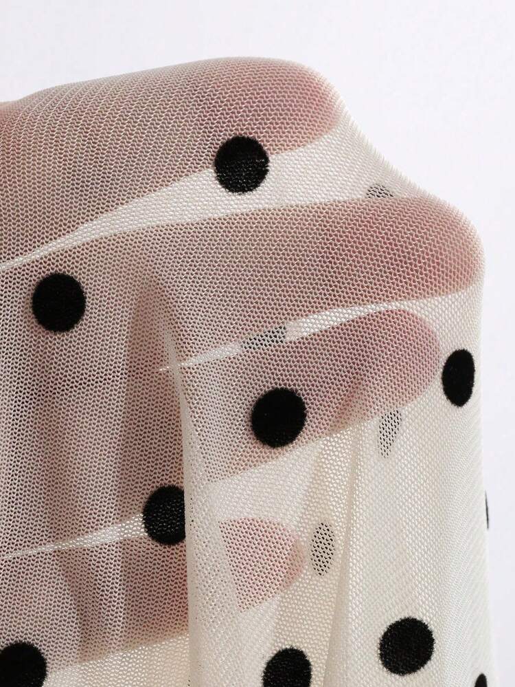 Women's Round Neck Fitted Long Sleeve Casual Top With Mesh Polka Dot Flocked Texture