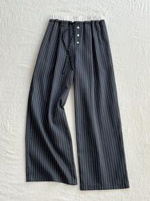Elamini Women's Tie Waist Button Design Striped Casual Pants - Grey - View 3