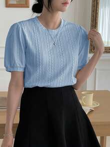 DAZY 女款夏季圓領休閒通勤百搭寬鬆短袖T恤商務休閒女裝 - 淺藍色 - 查看 5