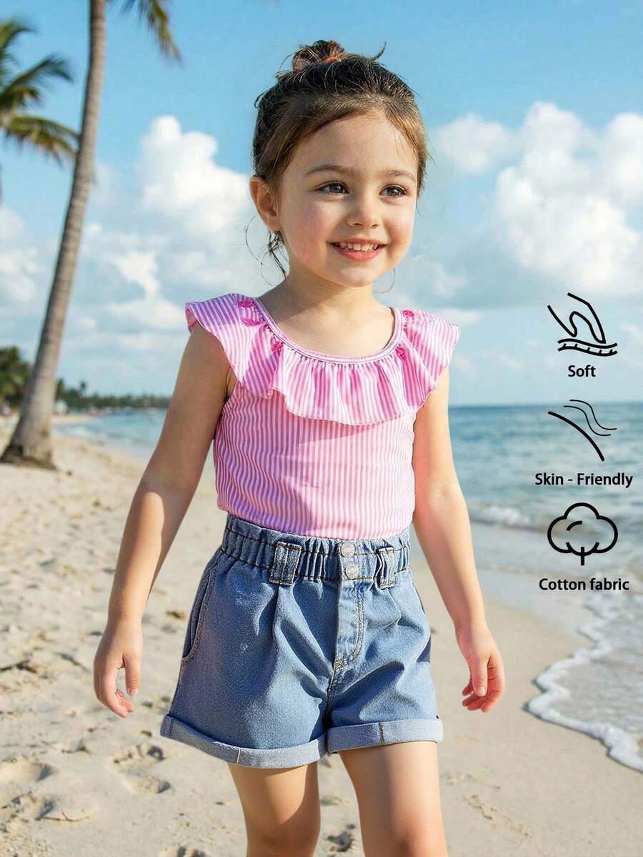 Quần short denim thường ngày cho bé gái, chất liệu nhẹ, kiểu dáng mới cho mùa hè, màu xanh nhạt, phong cách đường phố thoải mái, cạp chun co giãn, gấu quần xắn, chất vải cotton mềm mại, phù hợp cho mặc hàng ngày, dự tiệc, đi học, đi làm, bộ sưu tập mới Xuân/Hè 2026. - Rửa trung bình - Xem 1