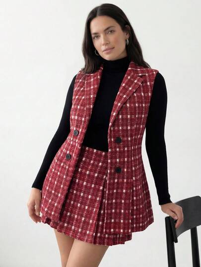 Juhart 大码女式格子图案背心+A字裙两件套，优雅日常通勤装扮