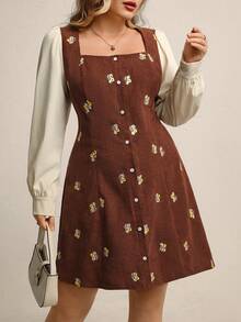 Juhart 大码女式优雅复古浪漫锈棕色灯芯绒小花卉印花方领单排扣装饰米色泡泡袖拼接长袖修身中长连衣裙，春/秋 - 鏽棕色 - 查看 3