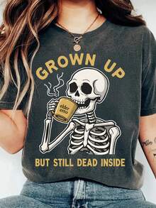 EMERY ROSE 骷髅头和咖啡图案字母标语女式圆领短袖T恤 - 深灰色 - 查看 1